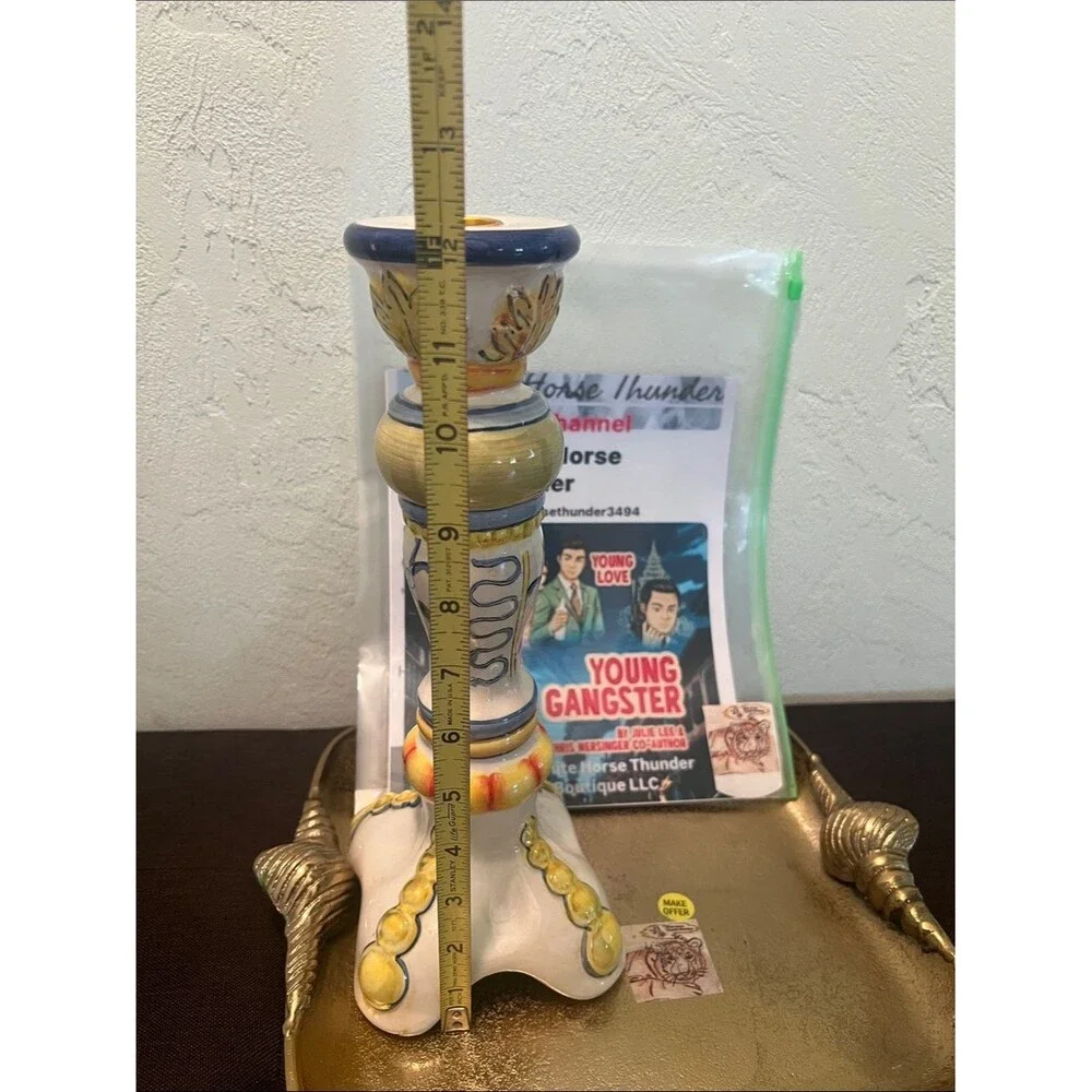 #2130*Hand-Painted Blue and Yellow Ceramic Candlestick - Decorative Home Accent